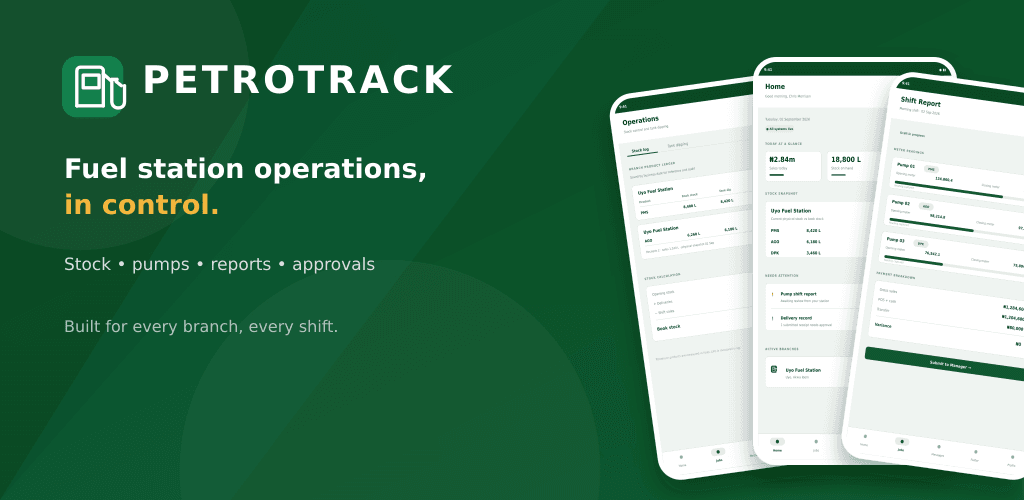 Petrotrack mobile app showing fuel-station dashboard with tank levels and shift reports